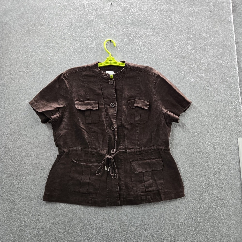 JM Collection Women Button Up Shirt 14 Brown Linen Round Neck Utility Safari